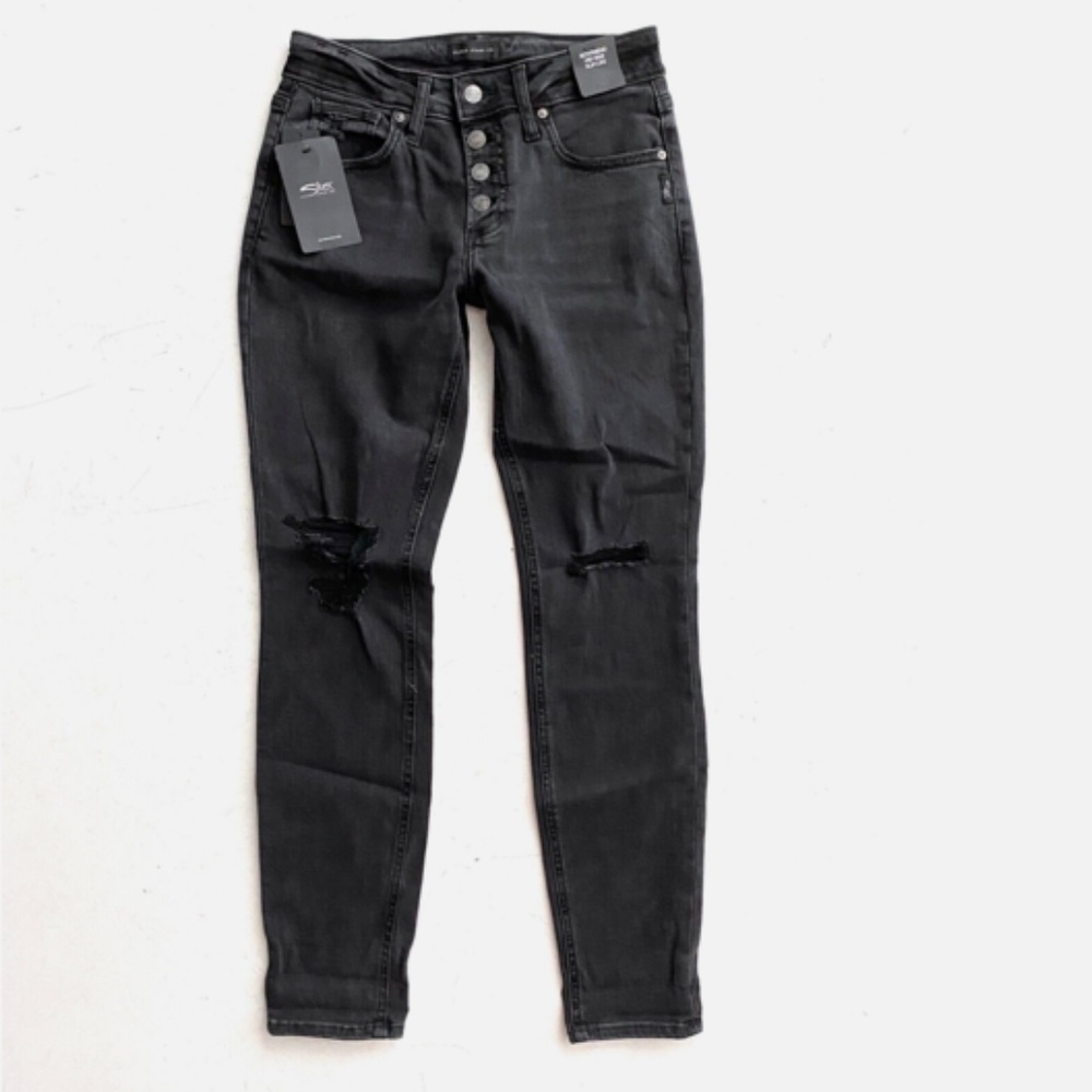 Silver Jeans Co. Women's Nwt Faded Black Boyfriend Mid Rise Holes Slim Jeans 26